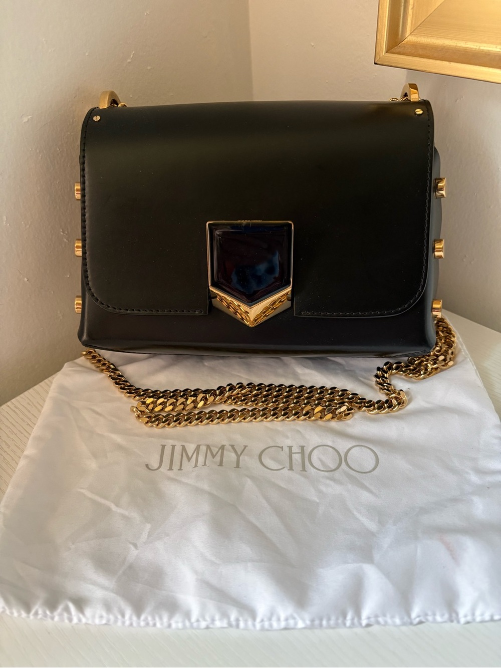 Jimmy Choo Black Leather Shoulder Bag with Gold Chain